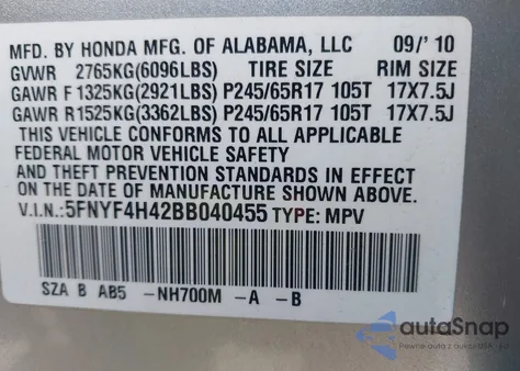 2009 Honda Pilot Ex z USA, uszkodzony, nr VIN 5FNYF4H42BB040455